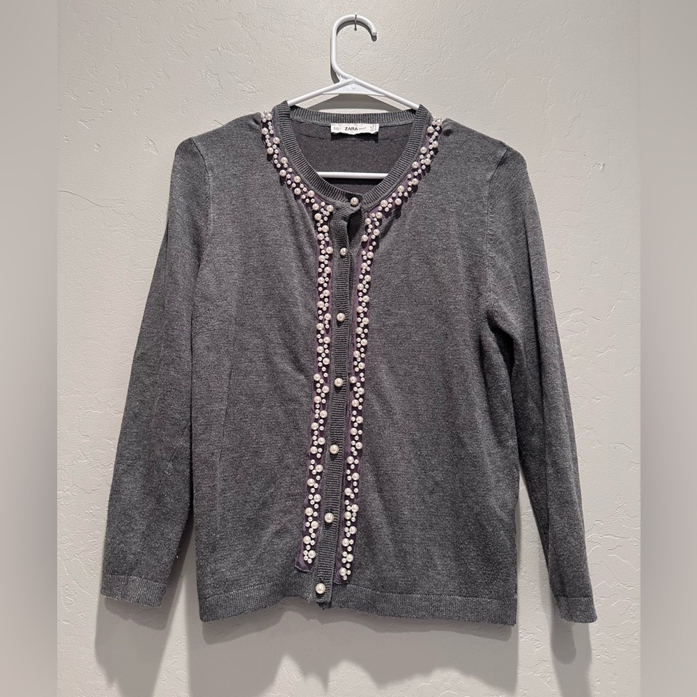 Zara Gray Pearl Embellished‎ Cardigan Sweater Size Small